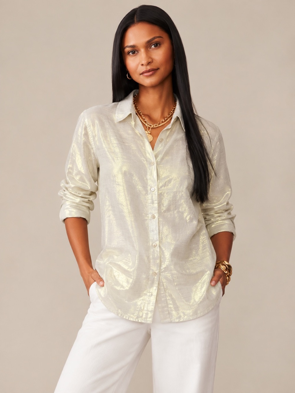 J.McLaughlin Metallic Button-Down Shirt Gold Long Sleeve Size Small *1100